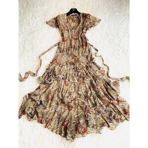 Donna Karan NY Silk Maxi Dress 6 Boho Paisley Ruffle Hem Tie Waist Lined Y2K